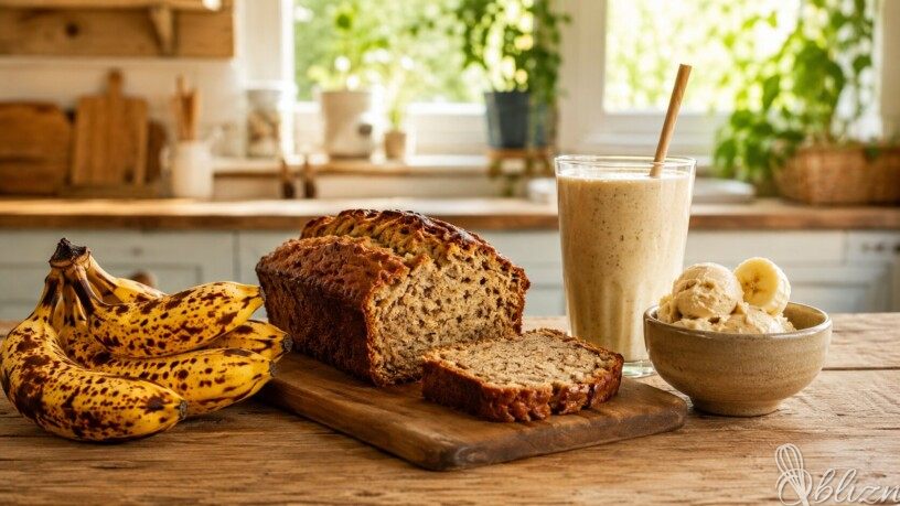 Prezrele banane ob domačem bananinem kruhu, smoothieju in bananinem sladoledu