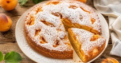 Okrogel marelični biskvit s sladkorjem v prahu in odrezanim kosom