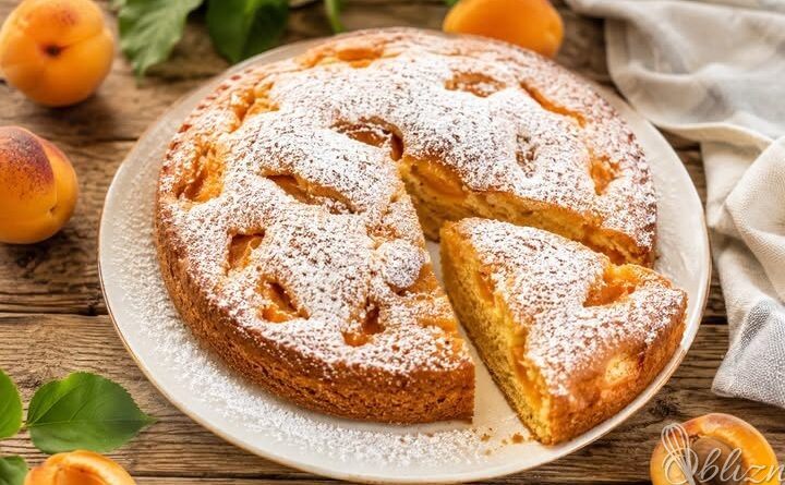 Okrogel marelični biskvit s sladkorjem v prahu in odrezanim kosom