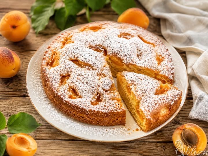 Okrogel marelični biskvit s sladkorjem v prahu in odrezanim kosom