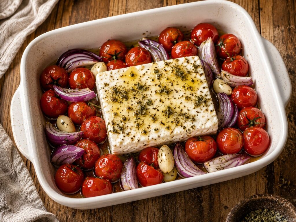 Pečena feta s paradižniki, svežo baziliko in medom