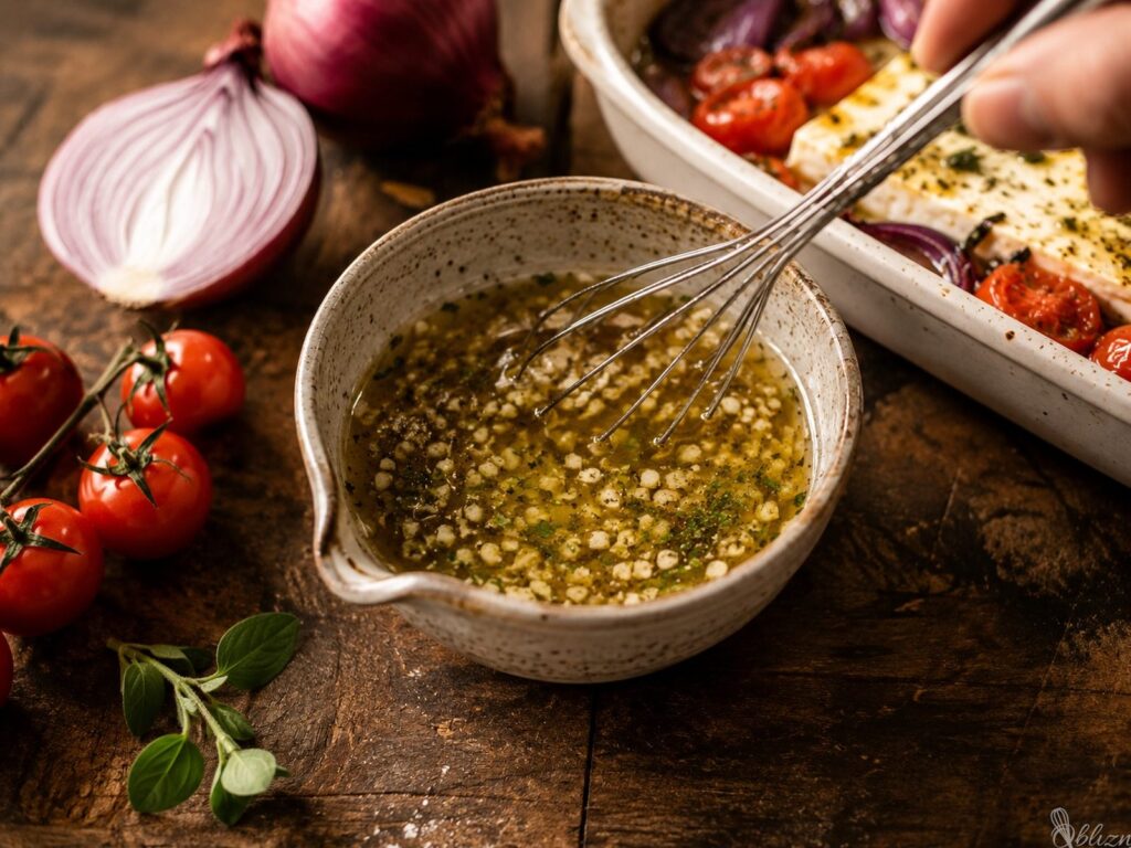 Feta in češnjevi paradižniki pokapljani z oljem, medom in origanom