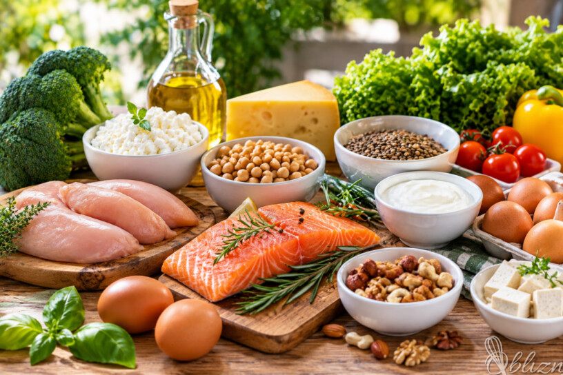 Izbor živil, bogatih z beljakovinami: losos, piščanec, jajca, skuta, jogurt, stročnice, tofu, oreščki in zelenjava na leseni kuhinjski mizi.