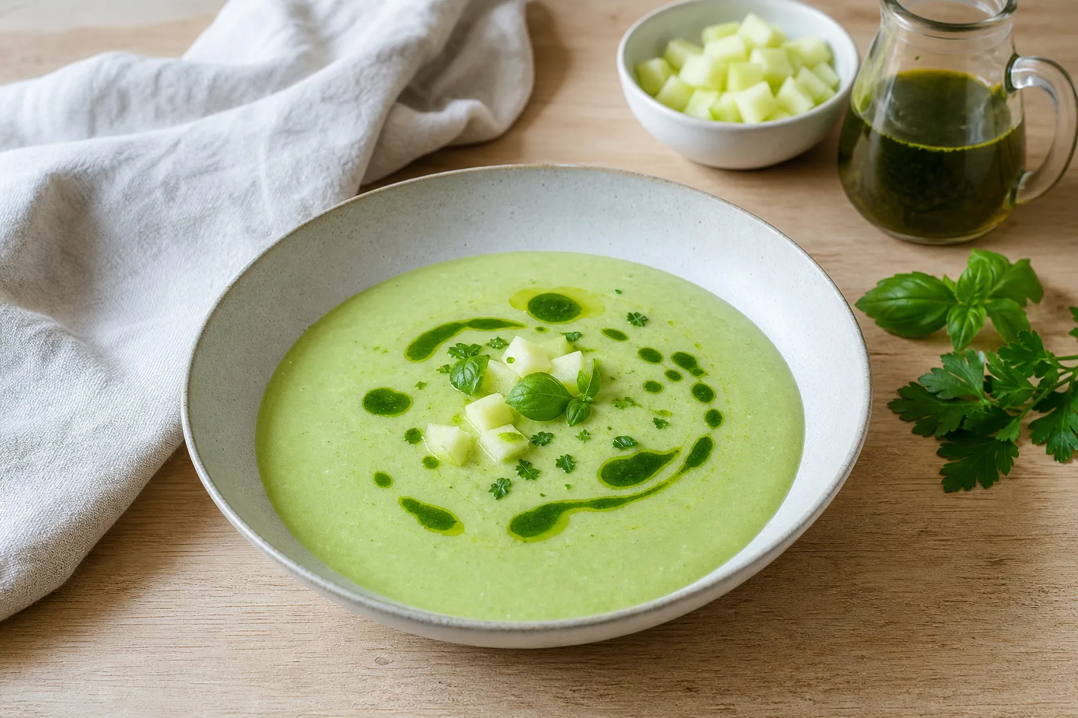 Kumarični gazpacho z zelenim jabolkom in zeliščnim oljem