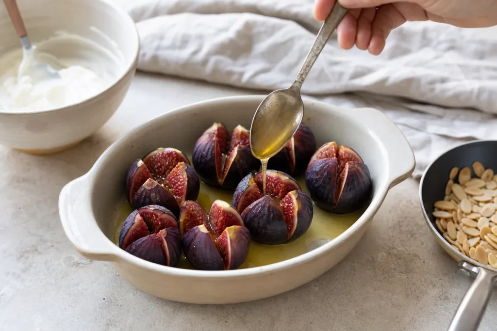 Pečene fige z medom, mascarponejevo kremo in praženimi mandlji – dodamo med