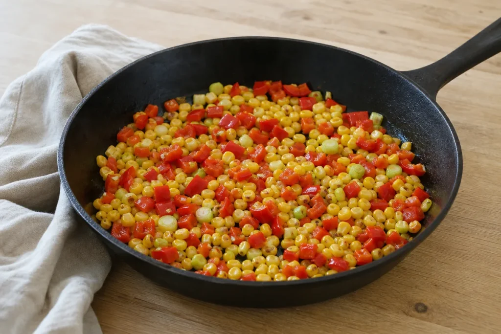 Poletna koruzna fritata s papriko in mlado čebulo – popečemo koruzo in papriko