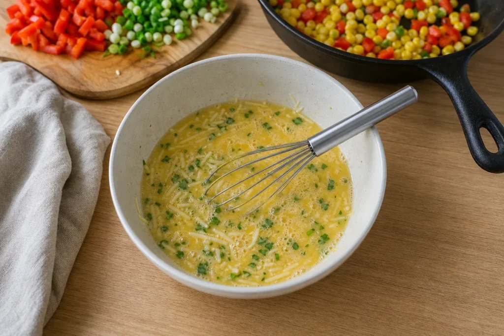 Poletna koruzna fritata s papriko in mlado čebulo – zmešamo jajčno osnovo