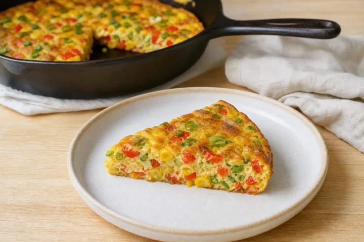 Kos jedi Poletna koruzna fritata s papriko in mlado čebulo na krožniku