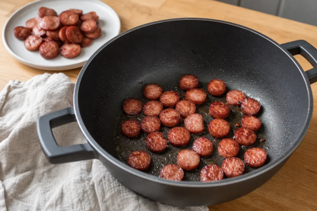 Poletna ponev s krompirjem, papriko in klobaso – zapečemo klobaso