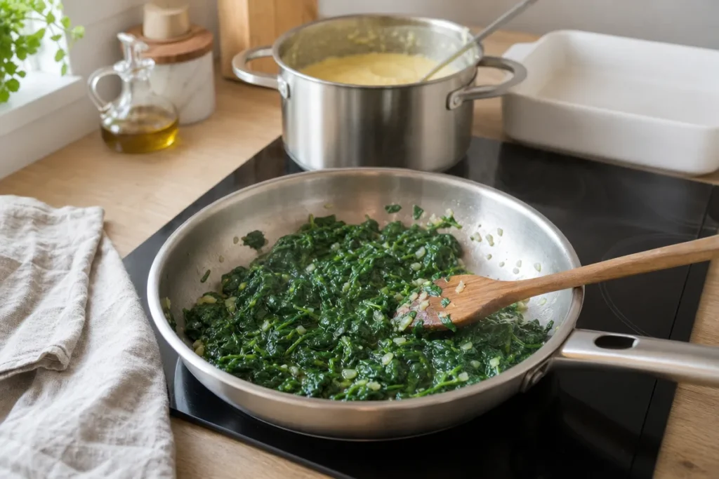 Kremna polenta s špinačo in pečenim jajcem – korak 2