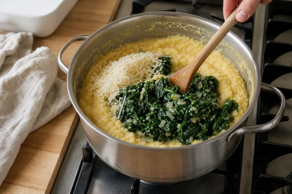Kremna polenta s špinačo in pečenim jajcem – korak 4