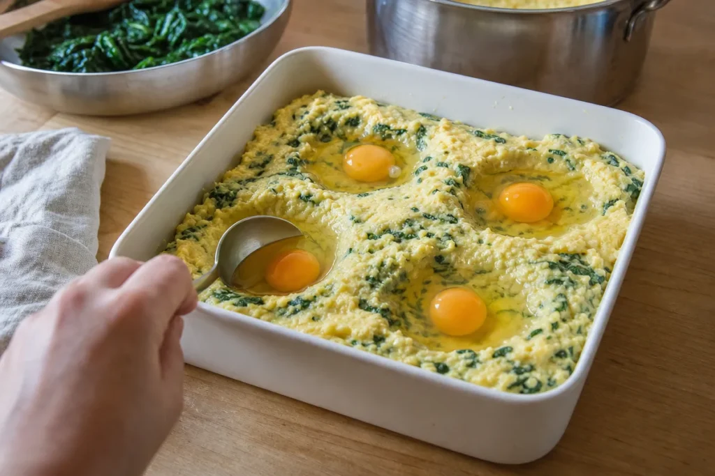 Kremna polenta s špinačo in pečenim jajcem – korak 5