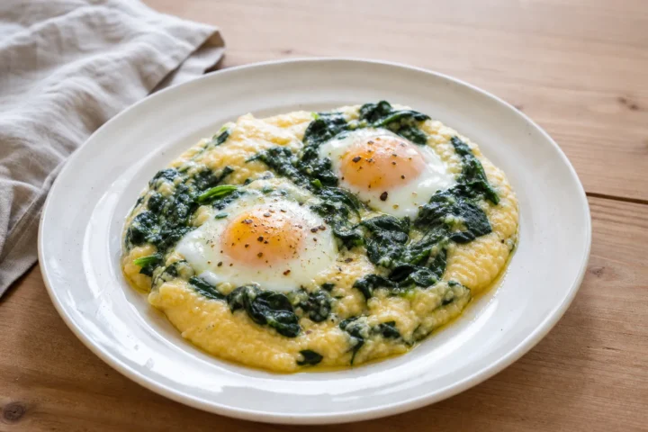 Kremna polenta s špinačo in pečenim jajcem