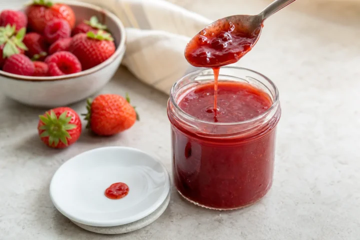 Redka marmelada na žlički in preizkus gostote na hladnem krožniku