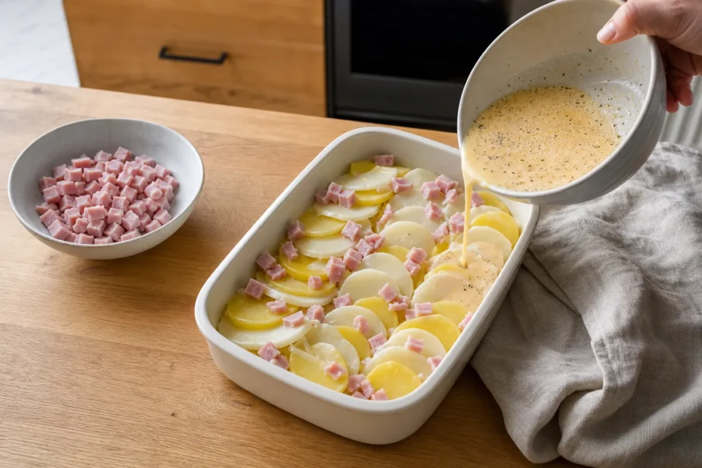 Gratinirana koleraba s krompirjem in šunko – korak 2