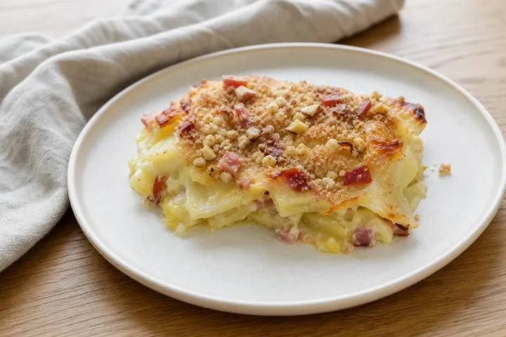 Gratinirana koleraba s krompirjem in šunko