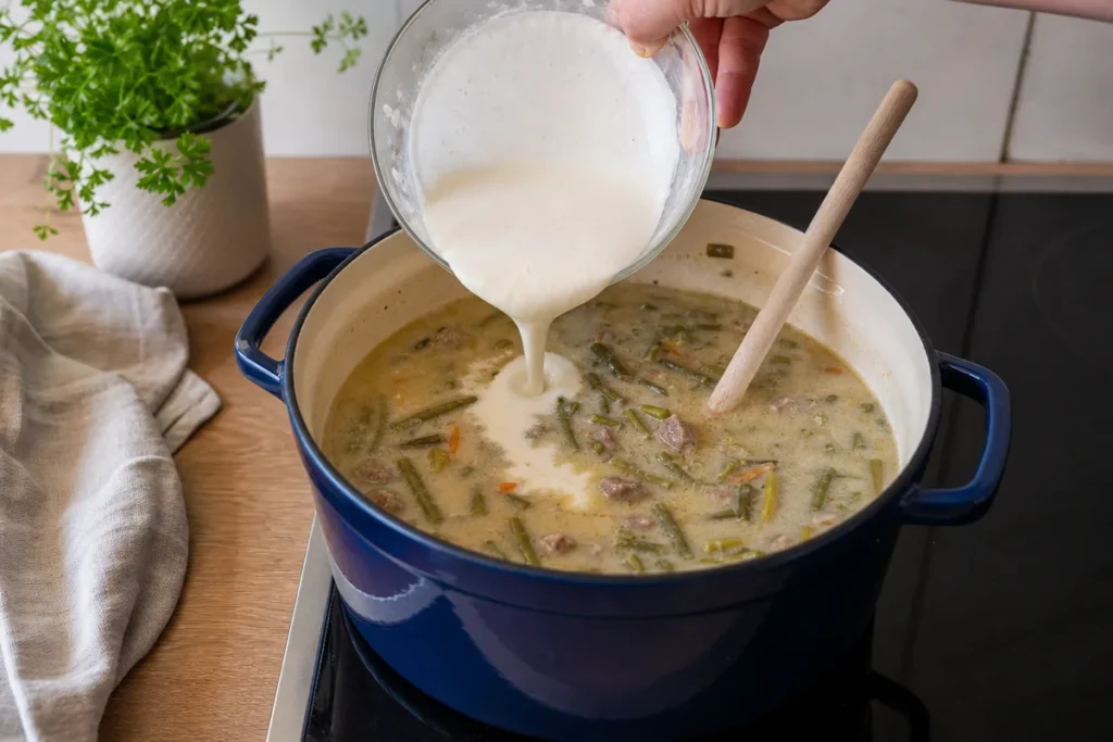 Krepka juha z mesom, stročjim fižolom in kislo smetano – korak 4
