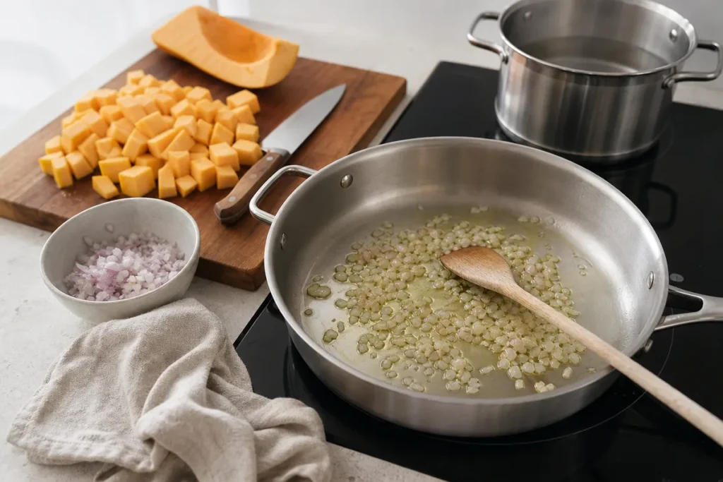 Penne z bučo in panceto – korak 1