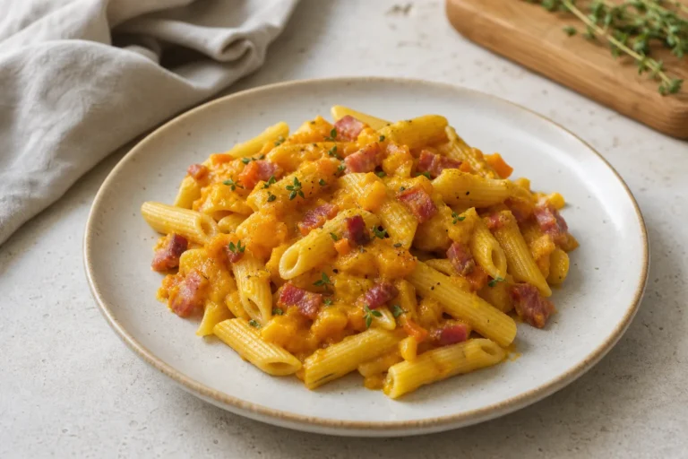 Penne z bučo in panceto – fotografija recepta OblizniPrste.si